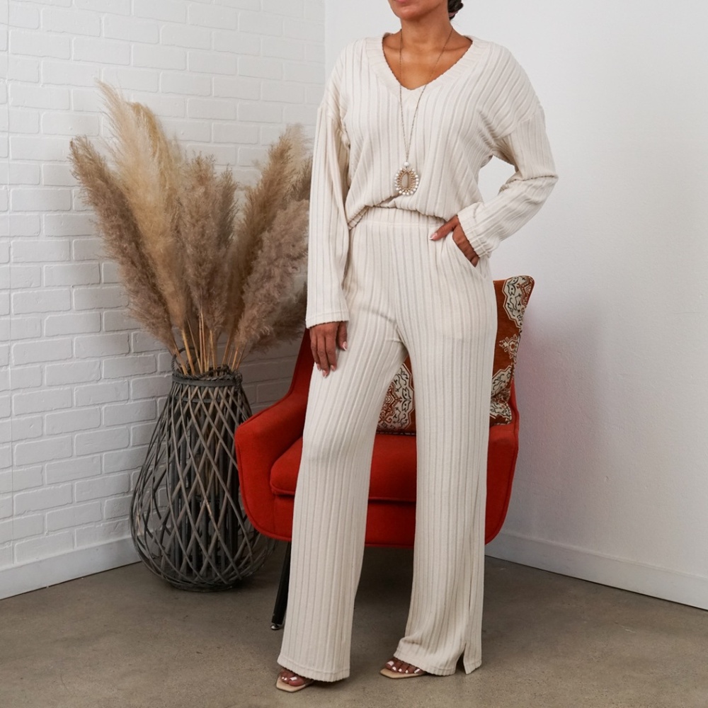 Alice Ribbed Knit Sweater V Neck Loungewear Two Piece Set - Oatmeal